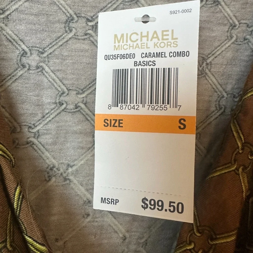 Michael‎ Kors Caramel brown Equestrian Chain Print Cowl Neck Zipper Top sz Small